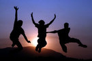Jumping silhouettes at sunset FREE Stock Photo, jumping, silhouette, sunset picture
