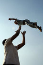Father lifting child in blue sky FREE Stock Photo, parent, joy, family picture
