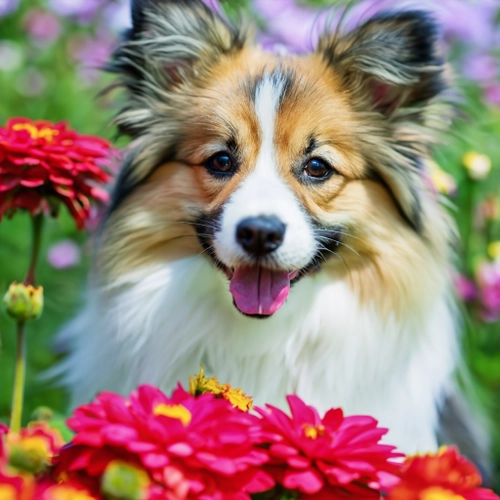 Fröhlicher Hund in Blumen KOSTENLOSES Stock-Photo-Bild, Hund,  Blumen,  Natur